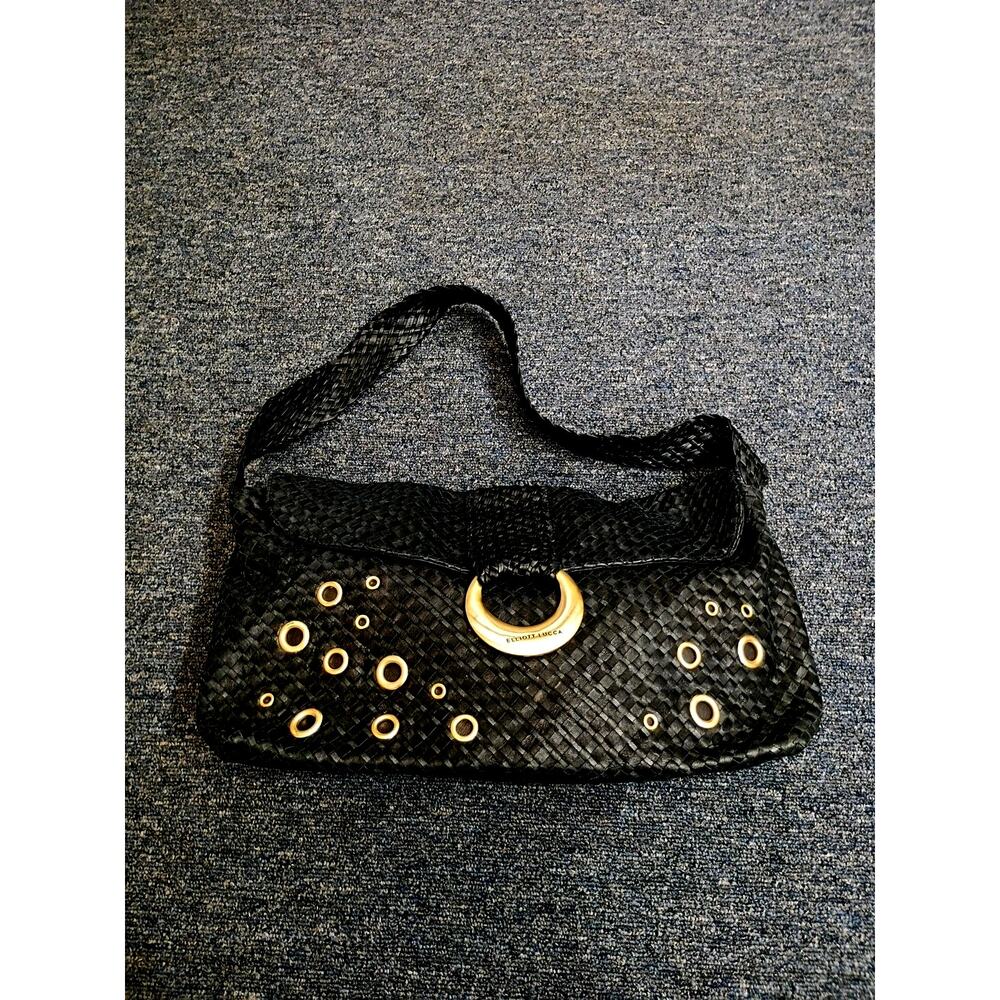 Elliott Lucca Black Woven Leather Shoulder Bag Gold Grommets Hobo Bag Flap 15x9'